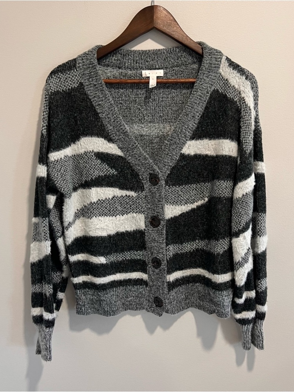 Leith Black, Gray and White Striped V-Neck Button Cardigan
